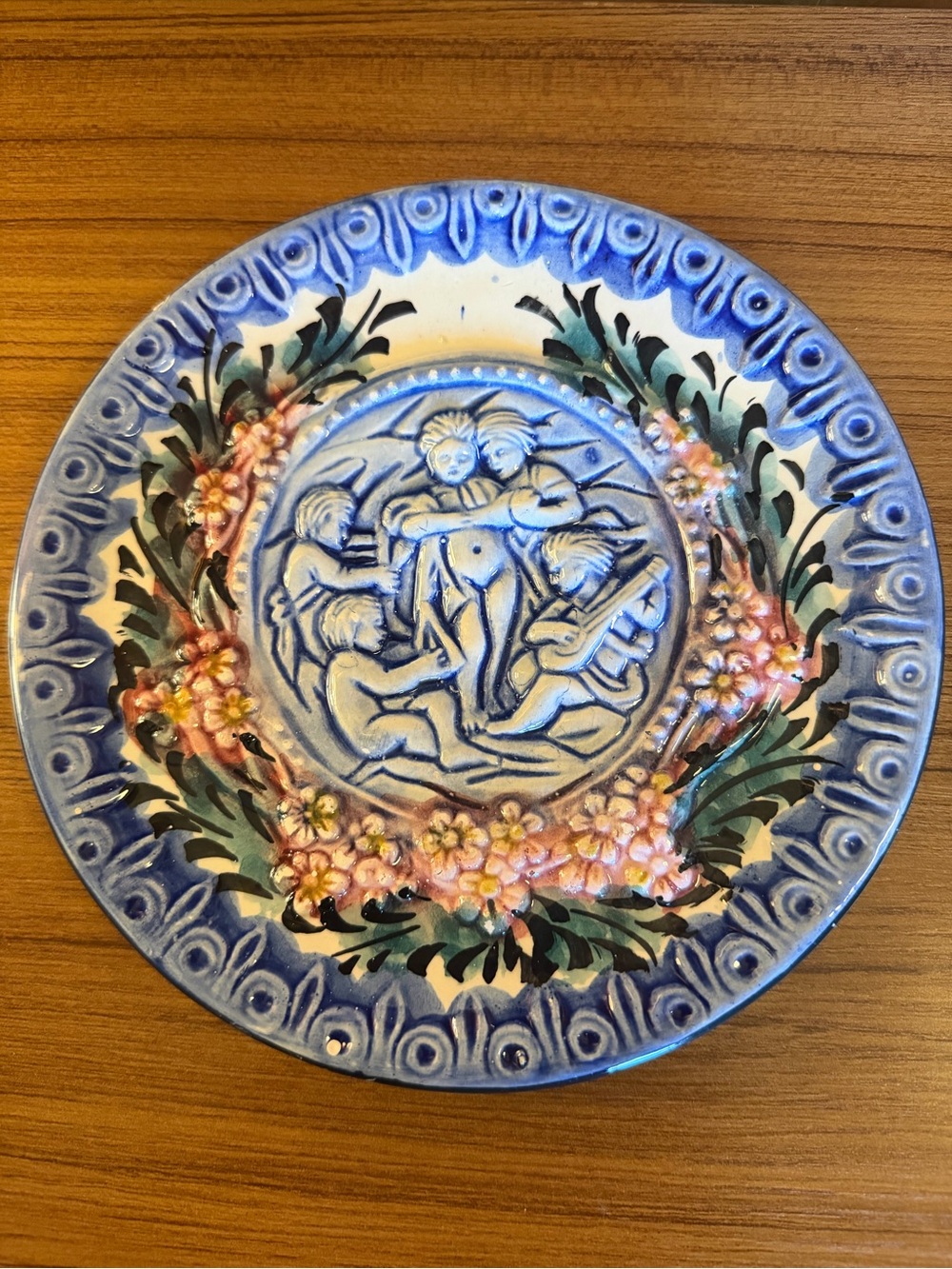 Vintage French Barbotine Majolica Plate Cherubs Putti Musical Relief 3D Wall Art